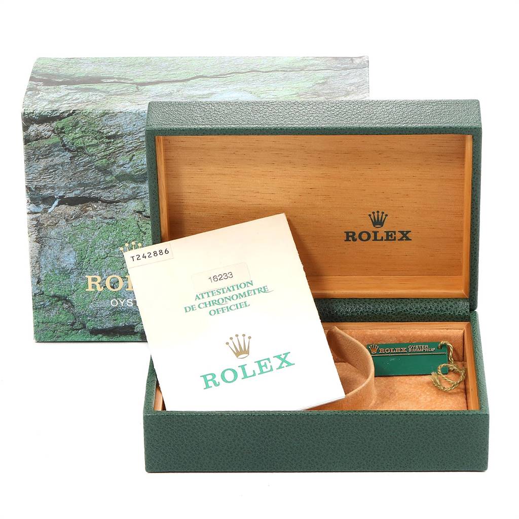This image shows the box, papers, and accessories for the Rolex Datejust 16233 Men's Steel and Gold (two tone) Beige Dial 16233 Men's Steel and Gold (two tone) Beige Dial watch, viewed from a front angle.