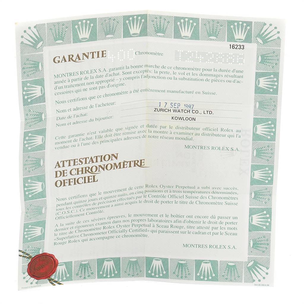 The image shows a warranty certificate and official chronometer certification for a Rolex Datejust 16233 Men's Steel and Gold (two tone) Beige Dial 16233 Men's Steel and Gold (two tone) Beige Dial model, displayed flat.