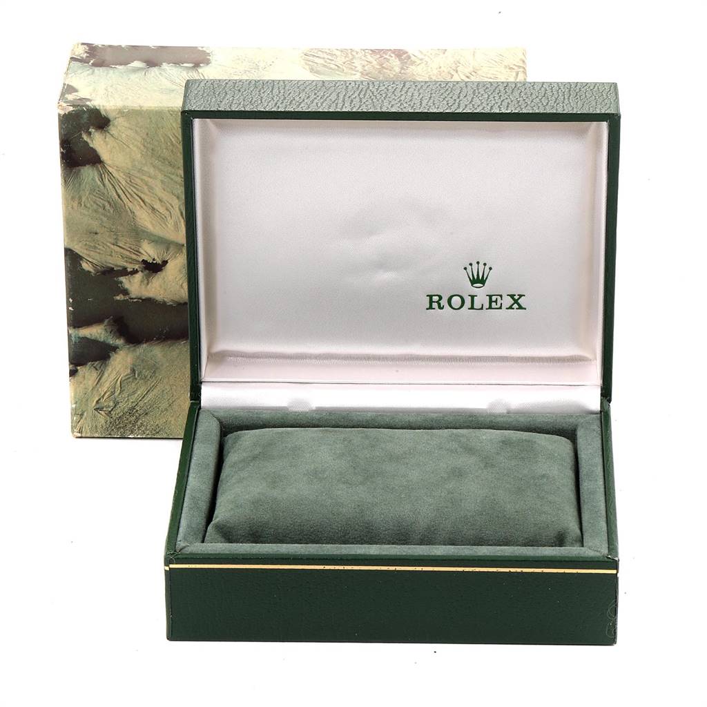 The image shows an open Rolex Datejust 16234 Men's Stainless Steel Silver Dial 16234 Men's Stainless Steel Silver Dial watch box and packaging, with the Rolex logo visibly inside the box.