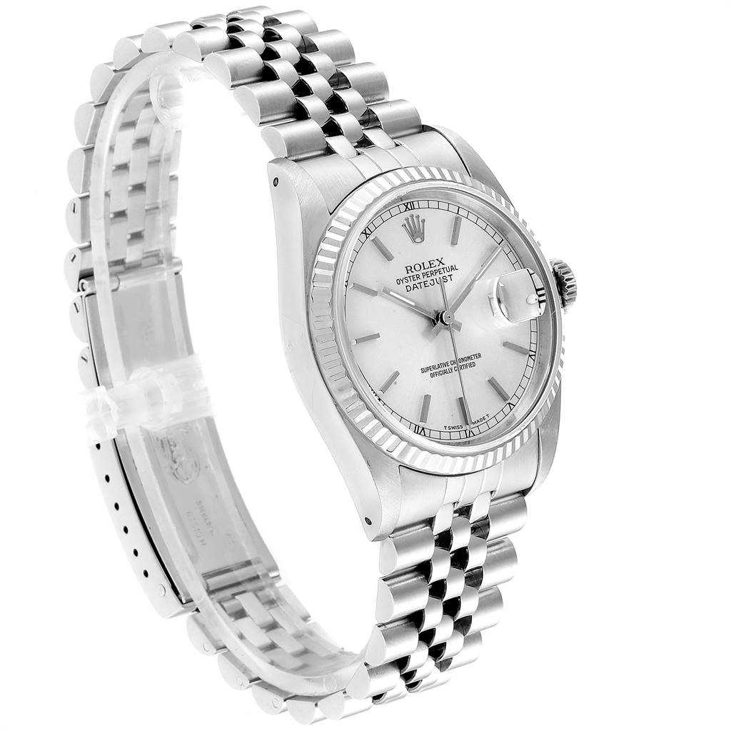 The image shows a side angle of a Rolex Datejust 16234 Men's Stainless Steel Silver Dial 16234 Men's Stainless Steel Silver Dial model, highlighting its face, bezel, crown, and Jubilee bracelet.