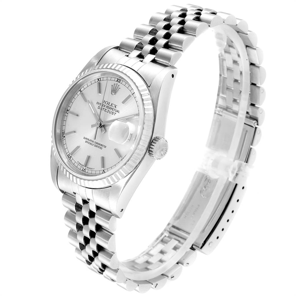This image of the Rolex Datejust 16234 Men's Stainless Steel Silver Dial 16234 Men's Stainless Steel Silver Dial shows the watch at a tilted angle, highlighting the dial, bezel, crown, and bracelet.