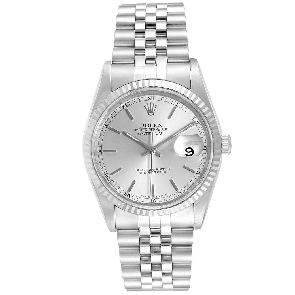 The image shows a front-facing view of the Rolex Datejust 16234 Men's Stainless Steel Silver Dial 16234 Men's Stainless Steel Silver Dial watch, featuring its dial, hour markers, hands, and bracelet.