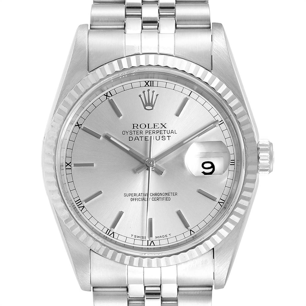 The image shows a frontal view of the Rolex Datejust 16234 Men's Stainless Steel Silver Dial 16234 Men's Stainless Steel Silver Dial watch, highlighting its dial, hands, bezel, and part of the bracelet.