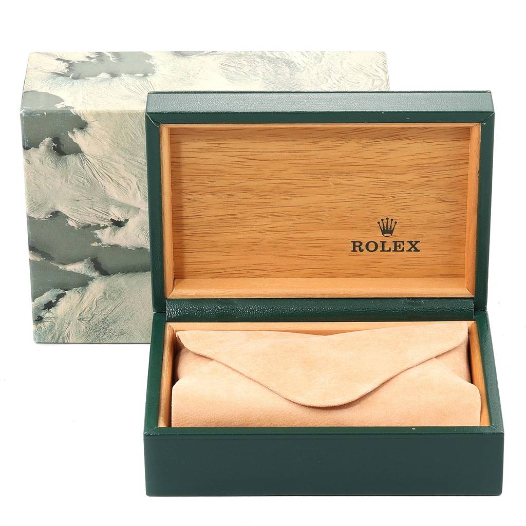 The image shows an open Rolex Vintage Collection 16013 Men's Steel and Gold (two tone) Champagne Dial 16013 Men's Steel and Gold (two tone) Champagne Dial watch box with a cushion inside, viewed from the front.