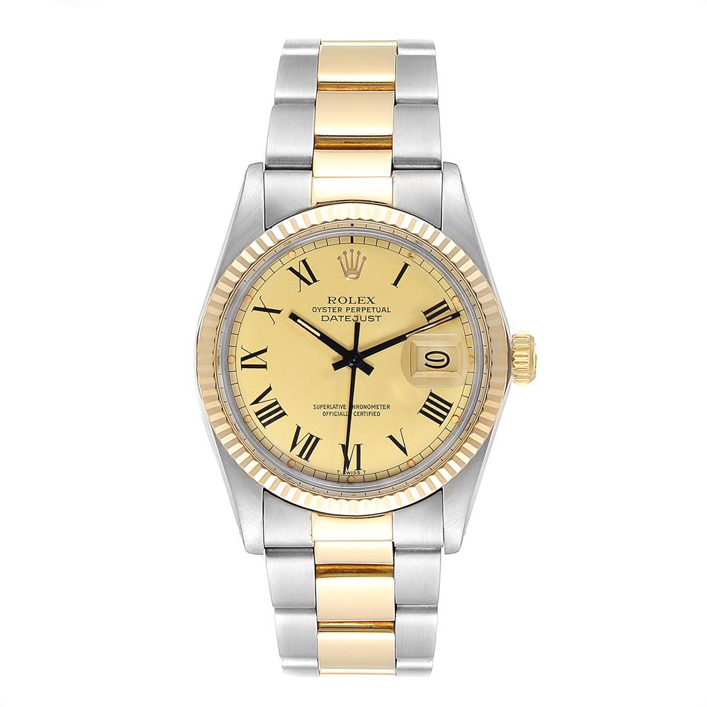 The image shows a front view of the Rolex Vintage Collection 16013 Men's Steel and Gold (two tone) Champagne Dial 16013 Men's Steel and Gold (two tone) Champagne Dial Datejust watch, displaying its dial, bezel, and two-tone bracelet.
