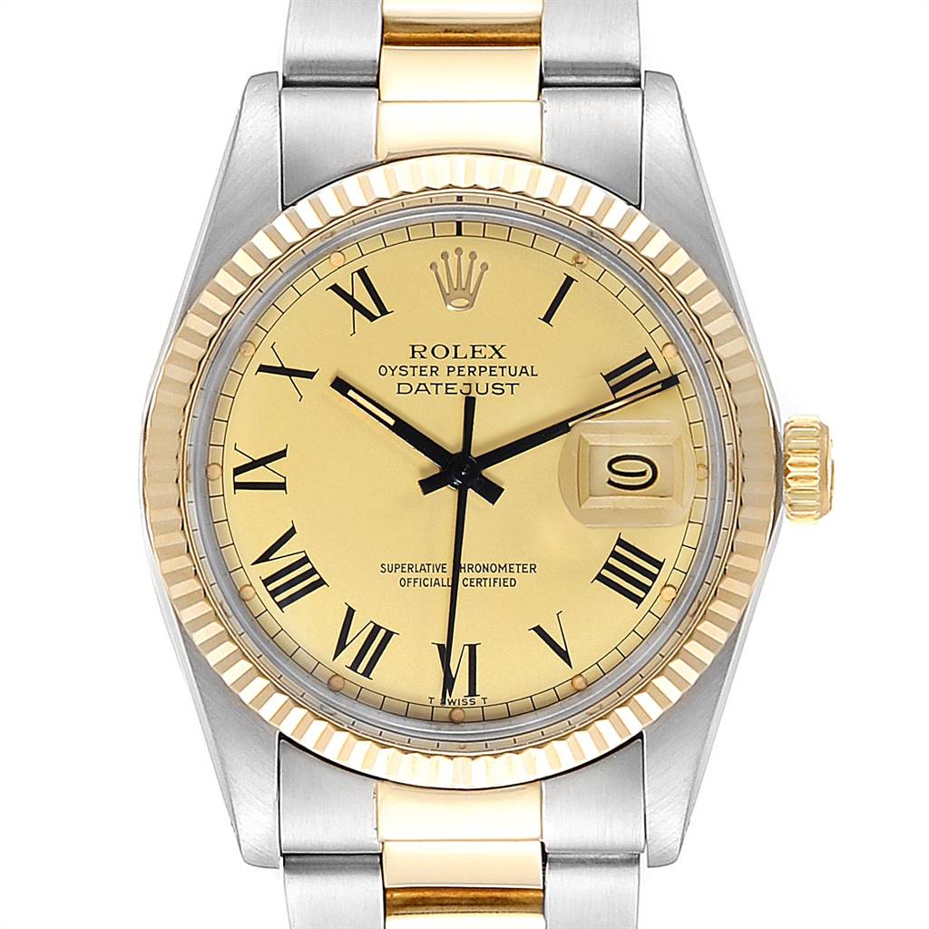 The image shows a front view of a Rolex Vintage Collection 16013 Men's Steel and Gold (two tone) Champagne Dial 16013 Men's Steel and Gold (two tone) Champagne Dial Oyster Perpetual Datejust watch, highlighting its dial, bezel, and bracelet.