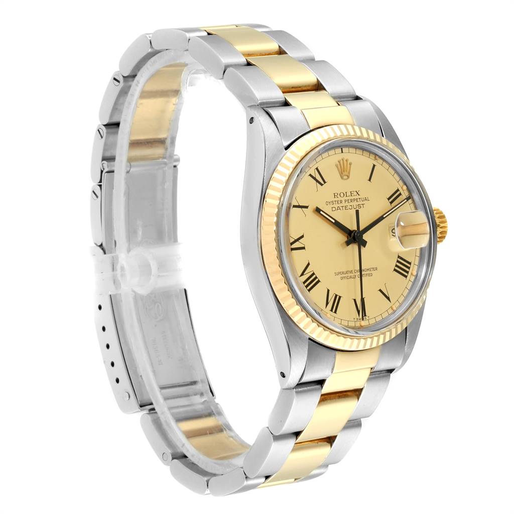 This Rolex Vintage Collection 16013 Men's Steel and Gold (two tone) Champagne Dial 16013 Men's Steel and Gold (two tone) Champagne Dial model shows a side-angle view, featuring the face, dial, bezel, and bracelet.