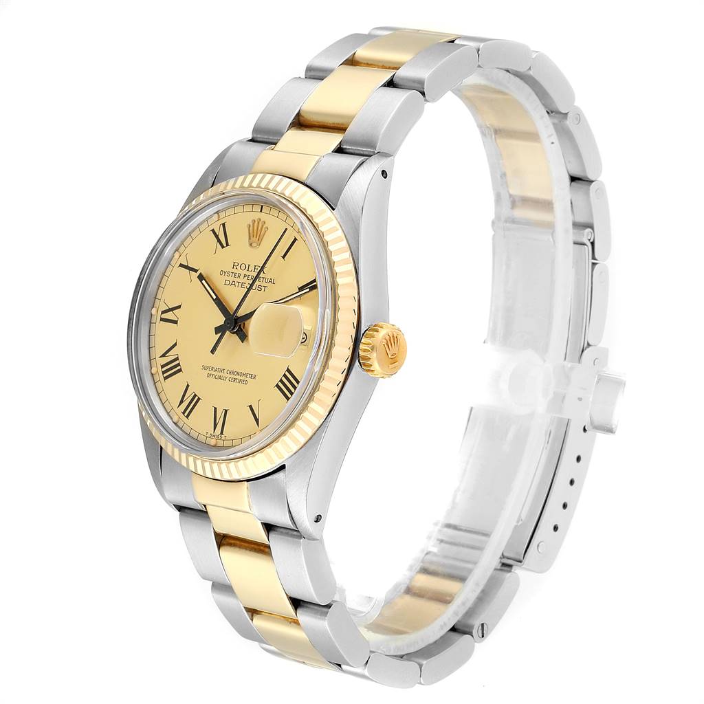 This Rolex Vintage Collection 16013 Men's Steel and Gold (two tone) Champagne Dial 16013 Men's Steel and Gold (two tone) Champagne Dial watch is shown at a side angle, displaying the face, bracelet, and crown.