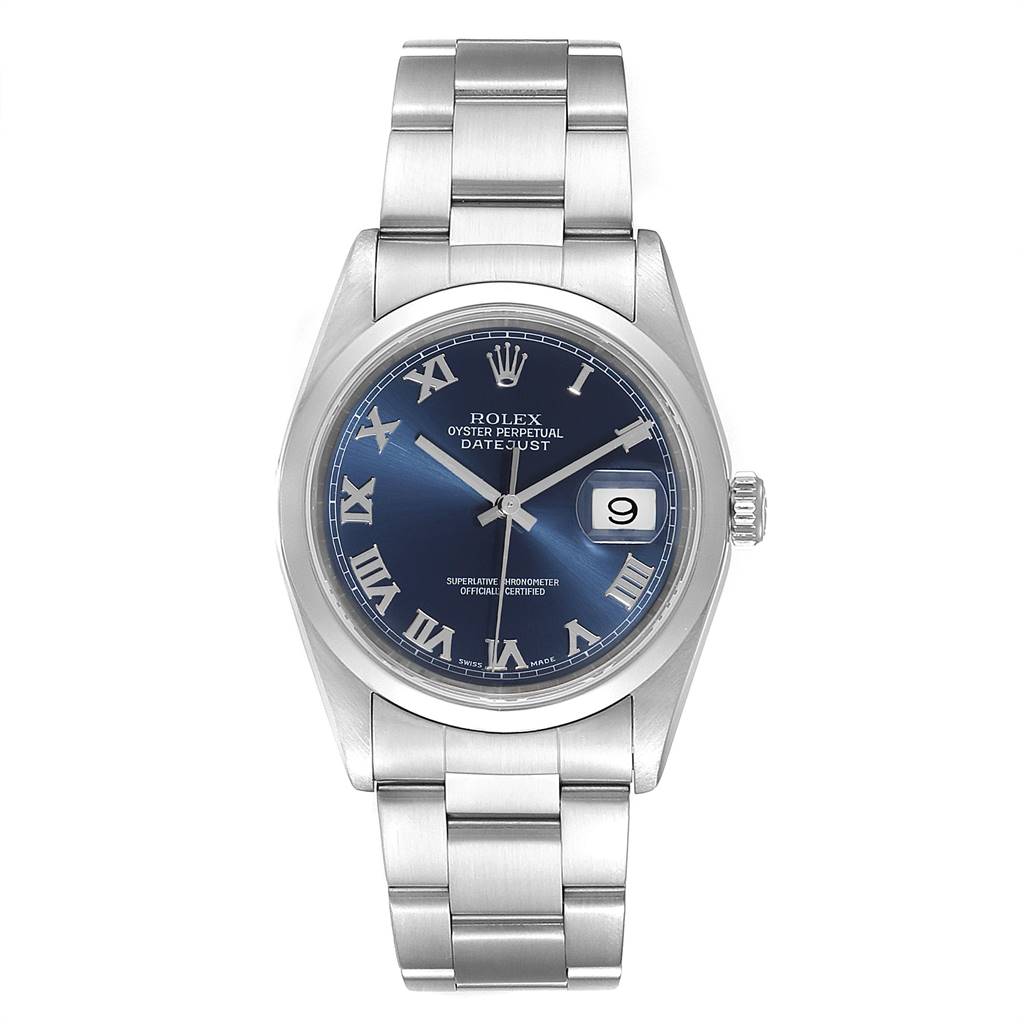 The image shows a Rolex Datejust 16200 Men's Stainless Steel Blue Dial 16200 Men's Stainless Steel Blue Dial watch from a front angle, featuring a blue dial, date window, and stainless steel bracelet.