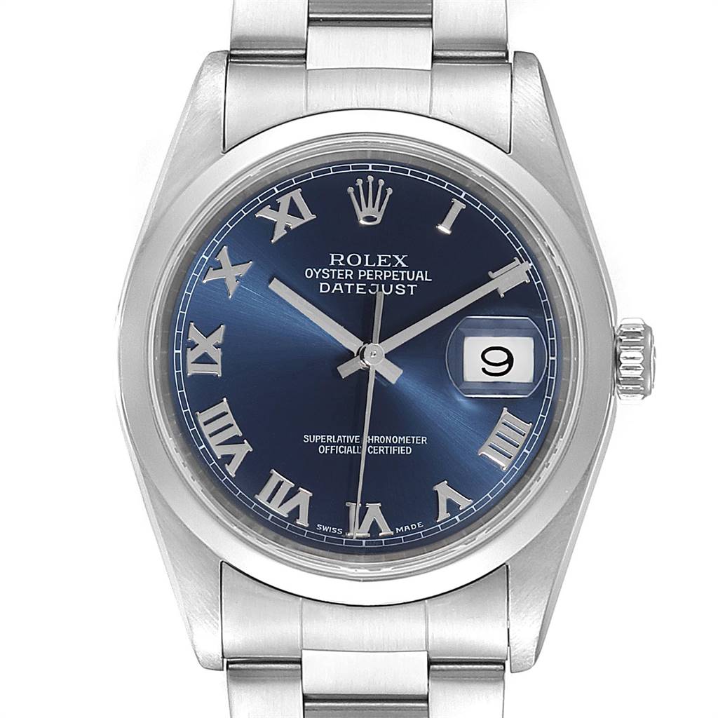 The Rolex Datejust 16200 Men's Stainless Steel Blue Dial 16200 Men's Stainless Steel Blue Dial watch is shown head-on, featuring a blue dial with Roman numerals, date window, and stainless steel bracelet.