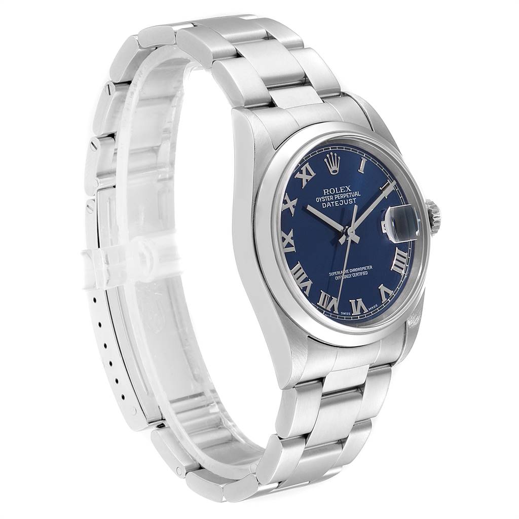 This image shows a Rolex Datejust 16200 Men's Stainless Steel Blue Dial 16200 Men's Stainless Steel Blue Dial watch at a three-quarter angle, highlighting the bracelet, case, and dial.