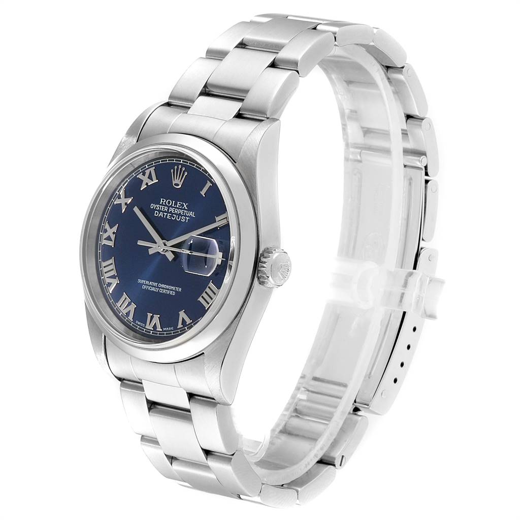 This image shows a Rolex Datejust 16200 Men's Stainless Steel Blue Dial 16200 Men's Stainless Steel Blue Dial watch at a three-quarter angle, highlighting the dial, bracelet, and crown.