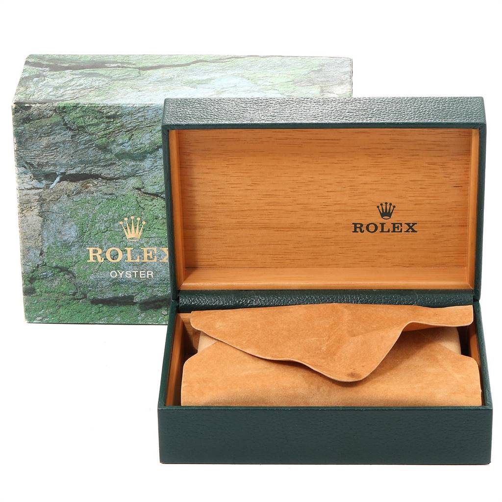 The image shows an open Rolex Datejust 16200 Men's Stainless Steel Blue Dial 16200 Men's Stainless Steel Blue Dial watch box with the outer packaging and inner cushioning visible.