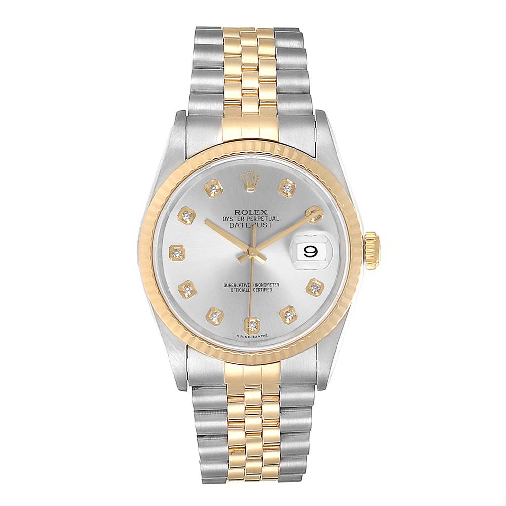 The image shows a front view of a Rolex Datejust 16233 Men's Steel and Gold (two tone) Silver Dial 16233 Men's Steel and Gold (two tone) Silver Dial watch, featuring a two-tone bracelet and a fluted bezel.