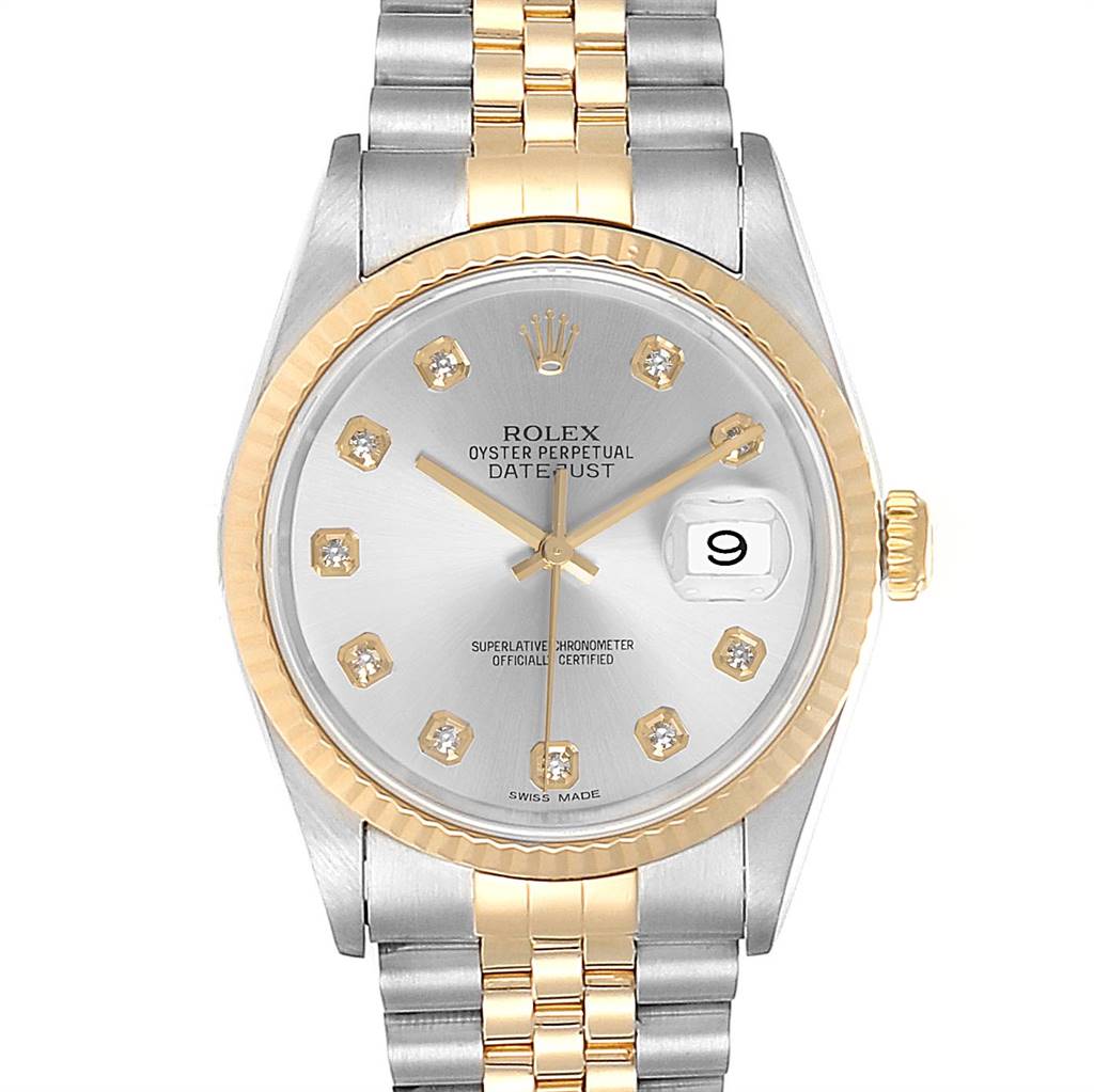 Rolex Datejust Steel Yellow Gold Silver Diamond Dial Mens Watch 16233 ...