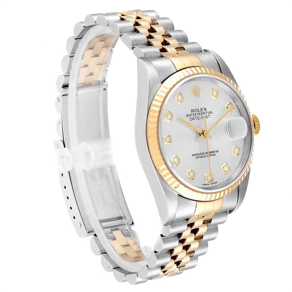 The image shows a Rolex Datejust 16233 Men's Steel and Gold (two tone) Silver Dial 16233 Men's Steel and Gold (two tone) Silver Dial watch angled slightly from the side, highlighting its two-tone bracelet and diamond-set bezel.