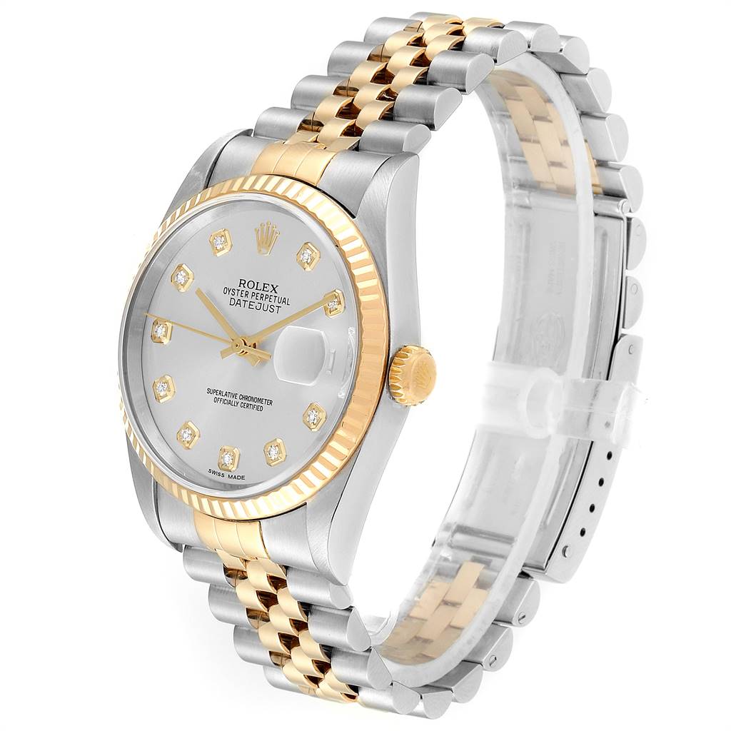 The image shows a side view of a Rolex Datejust 16233 Men's Steel and Gold (two tone) Silver Dial 16233 Men's Steel and Gold (two tone) Silver Dial watch with a two-tone bracelet and diamond hour markers.