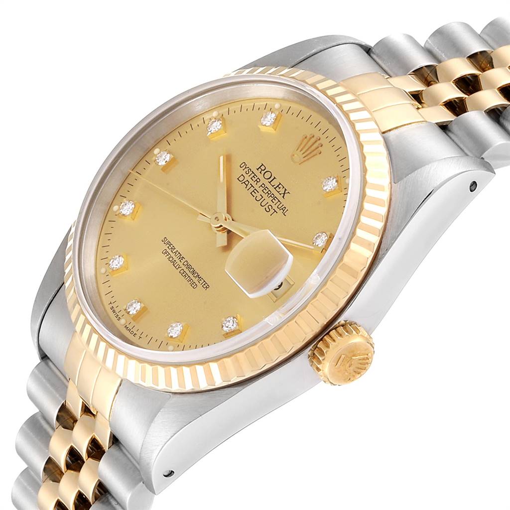 This image shows a side and front angle of a Rolex Datejust 16233 Men
s Steel and Gold (two tone) Champagne Dial 16233 Men
s Steel and Gold (two tone) Champagne Dial watch, highlighting the dial, bezel, crown, and bracelet.