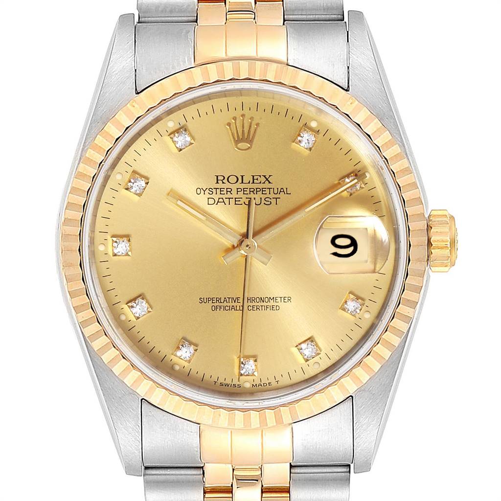 Rolex Datejust Steel 18K Yellow Gold Diamond Dial Mens Watch 16233 ...