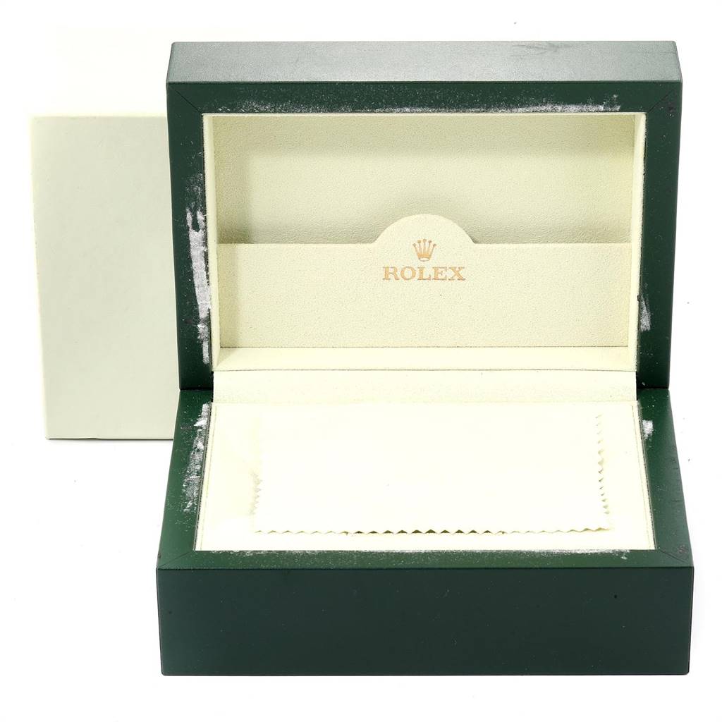 This image shows an empty green and cream Rolex Datejust 116234 Men
s Stainless Steel Grey Dial 116234 Men
s Stainless Steel Grey Dial watch box viewed from the front with the lid open.