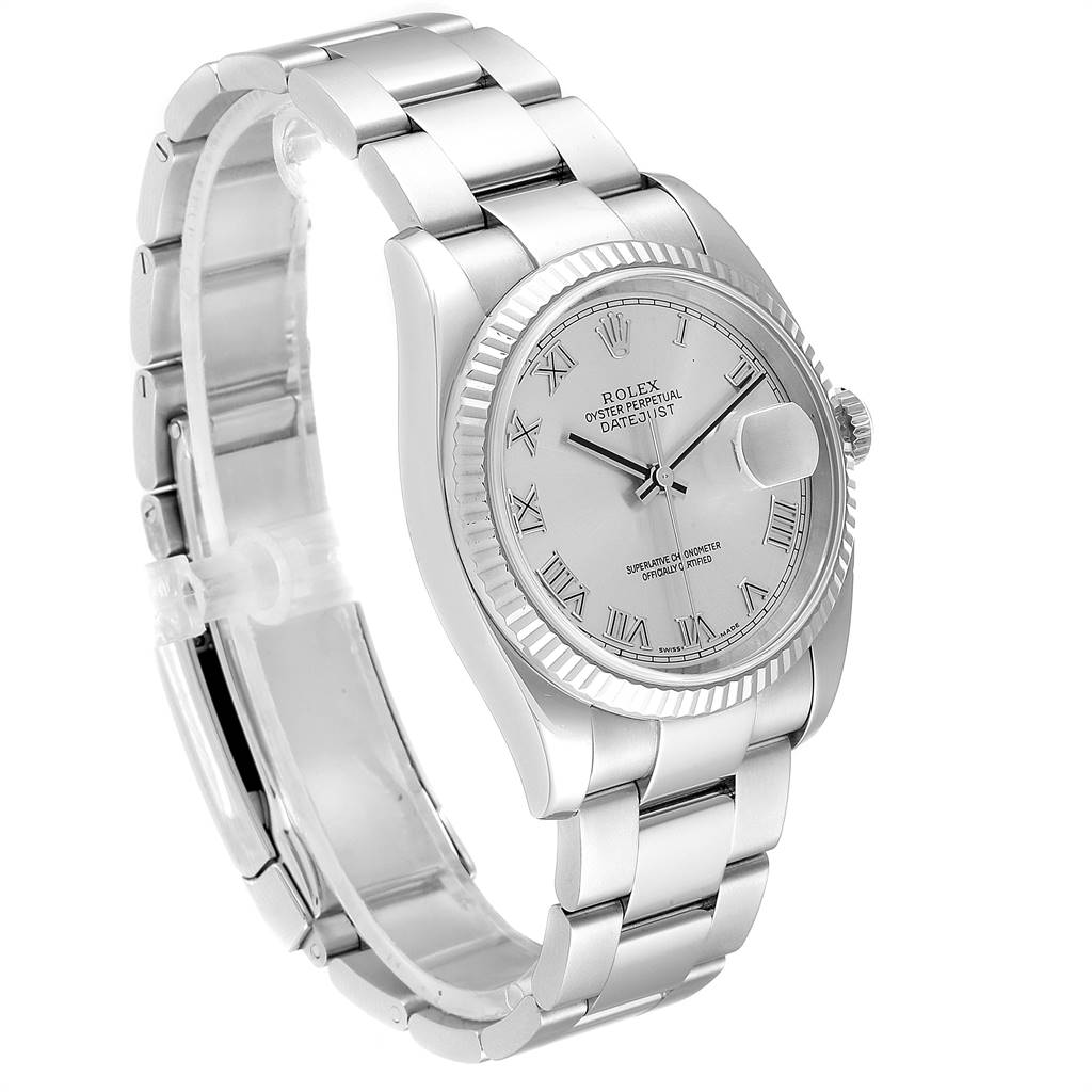 The image shows a side-angle view of a Rolex Datejust 116234 Men
s Stainless Steel Grey Dial 116234 Men
s Stainless Steel Grey Dial watch, highlighting the bracelet, case, and dial.