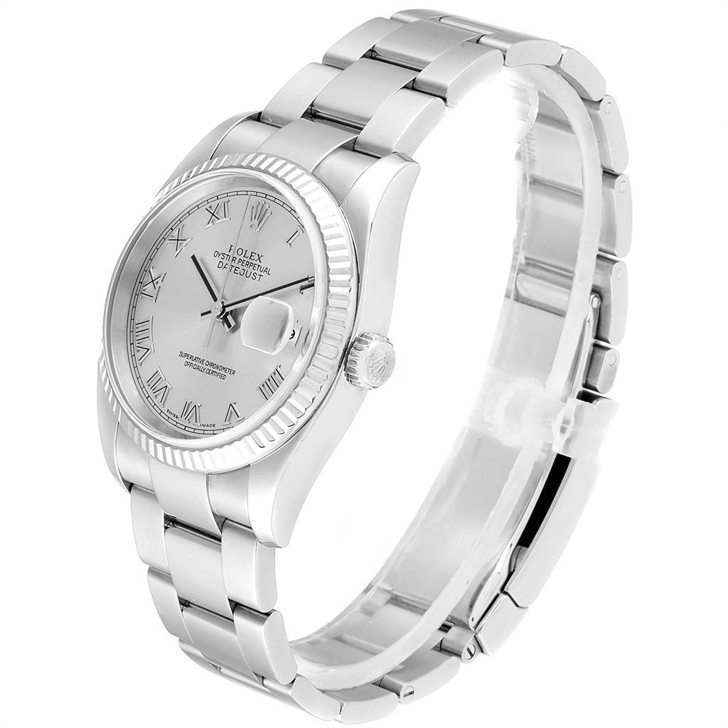 The image shows a Rolex Datejust 116234 Men
s Stainless Steel Grey Dial 116234 Men
s Stainless Steel Grey Dial watch at a three-quarter angle, highlighting the face, bezel, and bracelet.