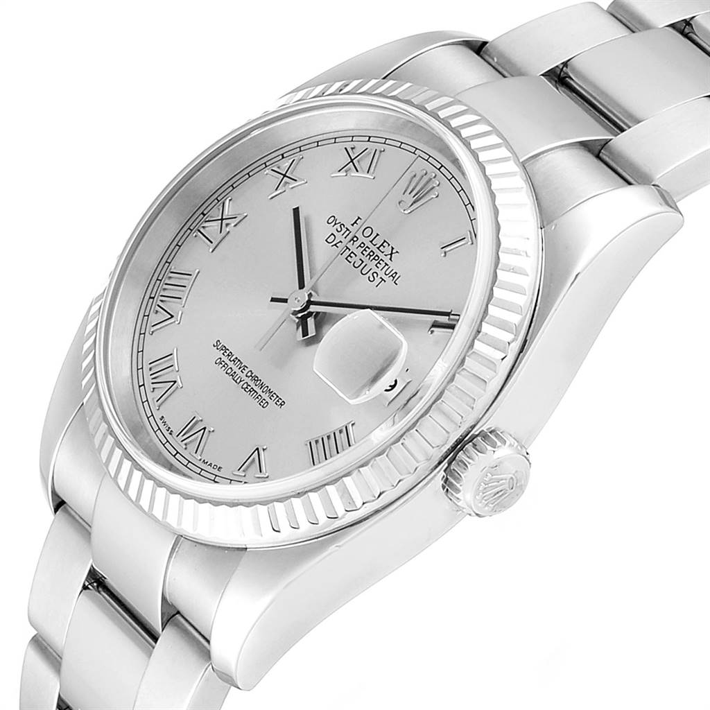 The image shows a close-up angle of the Rolex Datejust 116234 Men
s Stainless Steel Grey Dial 116234 Men
s Stainless Steel Grey Dial watch, highlighting the dial, bezel, and crown with part of the bracelet visible.