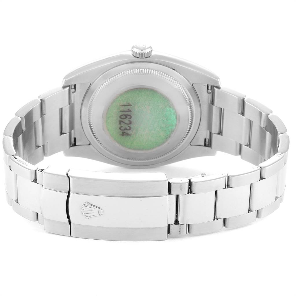 The image shows the back case and bracelet of a Rolex Datejust 116234 Men
s Stainless Steel Grey Dial 116234 Men
s Stainless Steel Grey Dial watch.