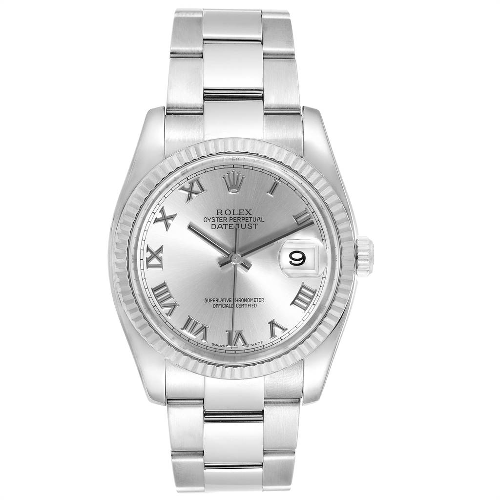 This Rolex Datejust 116234 Men
s Stainless Steel Grey Dial 116234 Men
s Stainless Steel Grey Dial watch is shown from a straight-on angle, displaying the dial, bezel, and bracelet.
