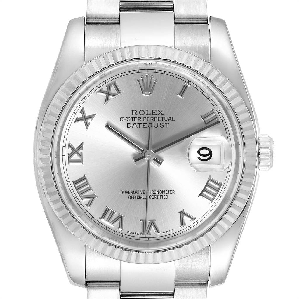 The image shows a front view of the Rolex Datejust 116234 Men
s Stainless Steel Grey Dial 116234 Men
s Stainless Steel Grey Dial watch, highlighting the dial, bezel, and part of the bracelet.