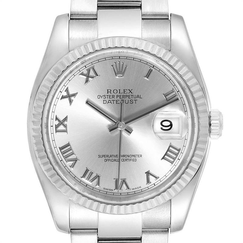 Rolex Datejust Rhodium Roman Dial Steel  White Gold Mens Watch 116234 SwissWatchExpo