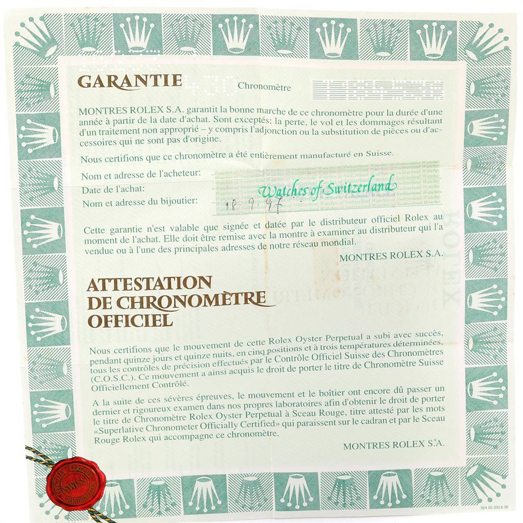This image shows the warranty and official chronometer certification document for the Rolex Datejust 16233 Men
s Steel and Gold (two tone) Champagne Dial 16233 Men
s Steel and Gold (two tone) Champagne Dial model.