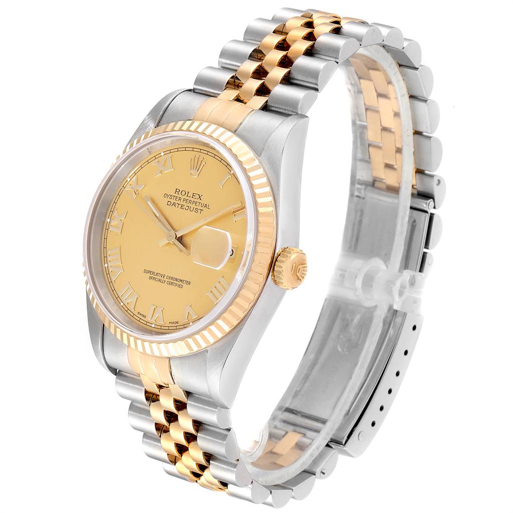 The image shows a Rolex Datejust 16233 Men
s Steel and Gold (two tone) Champagne Dial 16233 Men
s Steel and Gold (two tone) Champagne Dial watch at a three-quarter angle, highlighting the face, bezel, and two-tone bracelet.