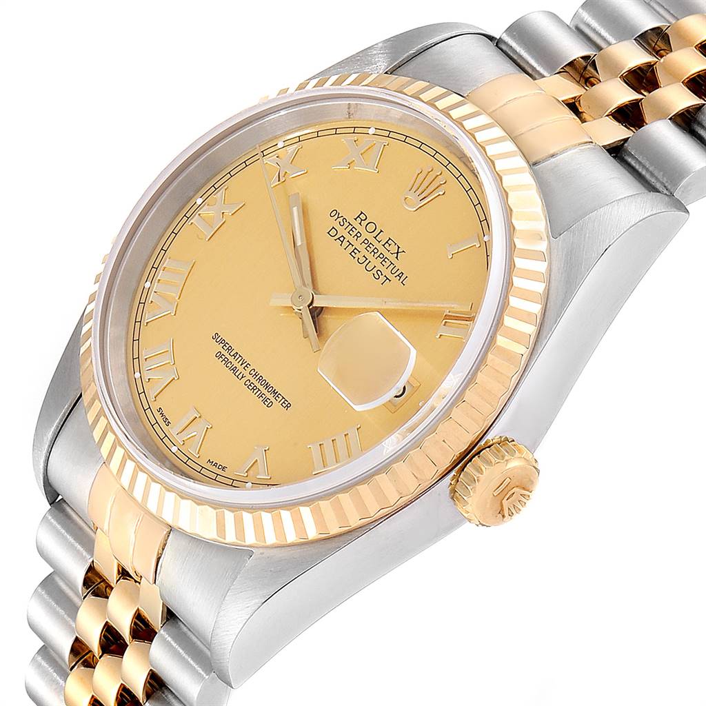 This image shows a side-angle view of the Rolex Datejust 16233 Men
s Steel and Gold (two tone) Champagne Dial 16233 Men
s Steel and Gold (two tone) Champagne Dial watch, highlighting the dial, bezel, crown, and part of the bracelet.