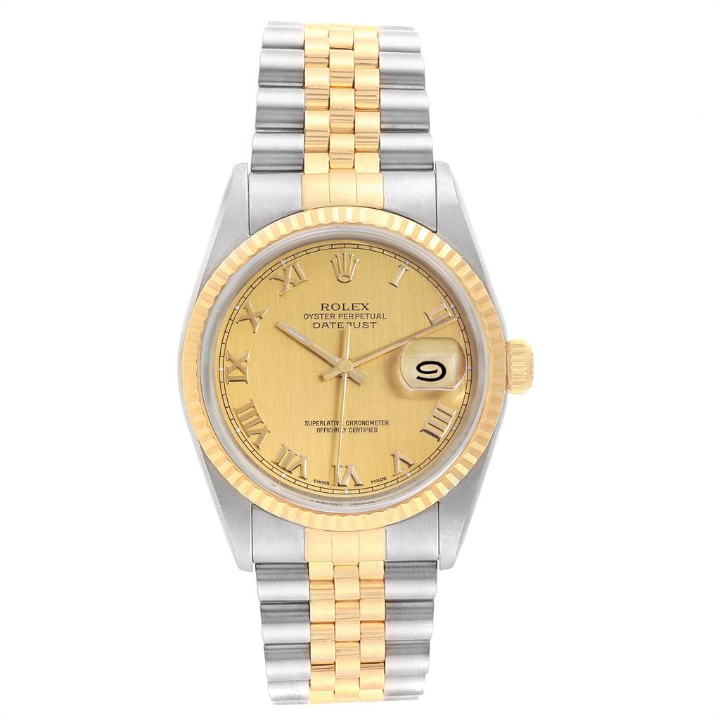 This is a front view of a Rolex Datejust 16233 Men
s Steel and Gold (two tone) Champagne Dial 16233 Men
s Steel and Gold (two tone) Champagne Dial watch, highlighting the dial, bezel, bracelet, and date window.