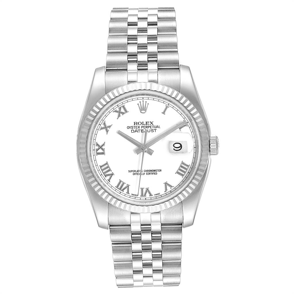 This image shows a front view of a Rolex Datejust 116234 Men's Stainless Steel White Dial 116234 Men's Stainless Steel White Dial watch, displaying its dial, bracelet, and fluted bezel.