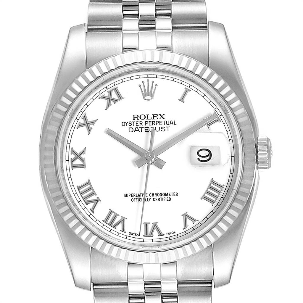 This image shows a frontal view of a Rolex Datejust 116234 Men's Stainless Steel White Dial 116234 Men's Stainless Steel White Dial watch, highlighting the dial, bezel, and part of the bracelet.