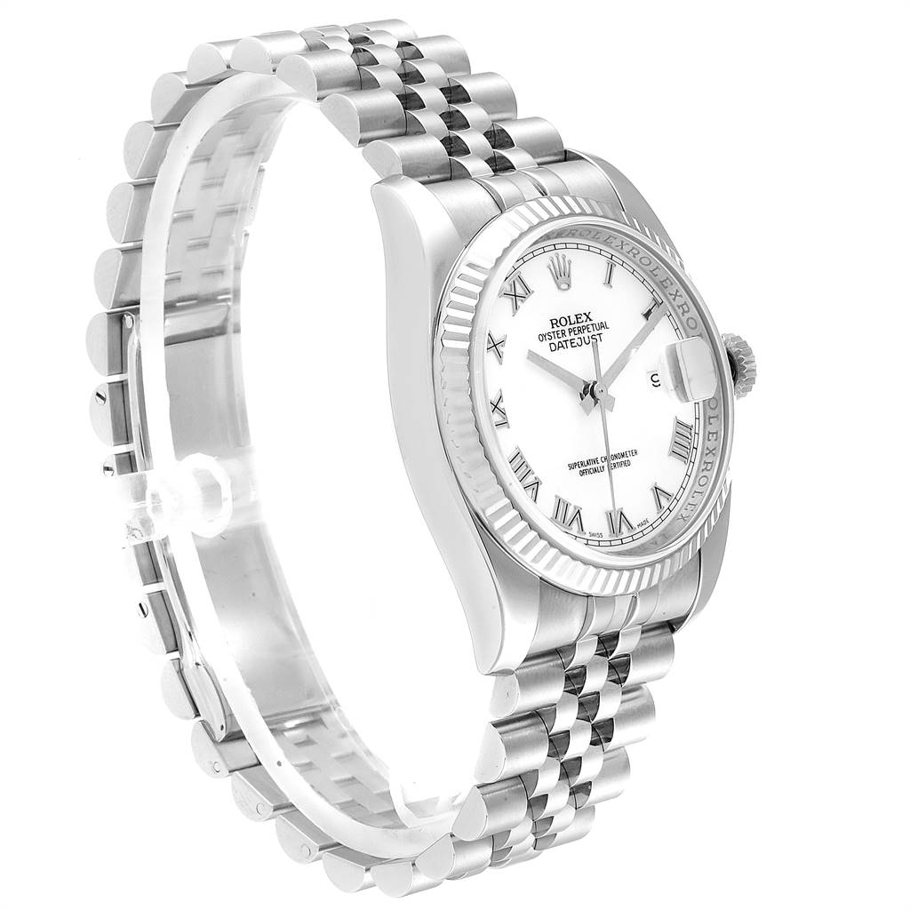 The image shows a Rolex Datejust 116234 Men's Stainless Steel White Dial 116234 Men's Stainless Steel White Dial watch at a side angle, highlighting its face, bezel, crown, and bracelet.