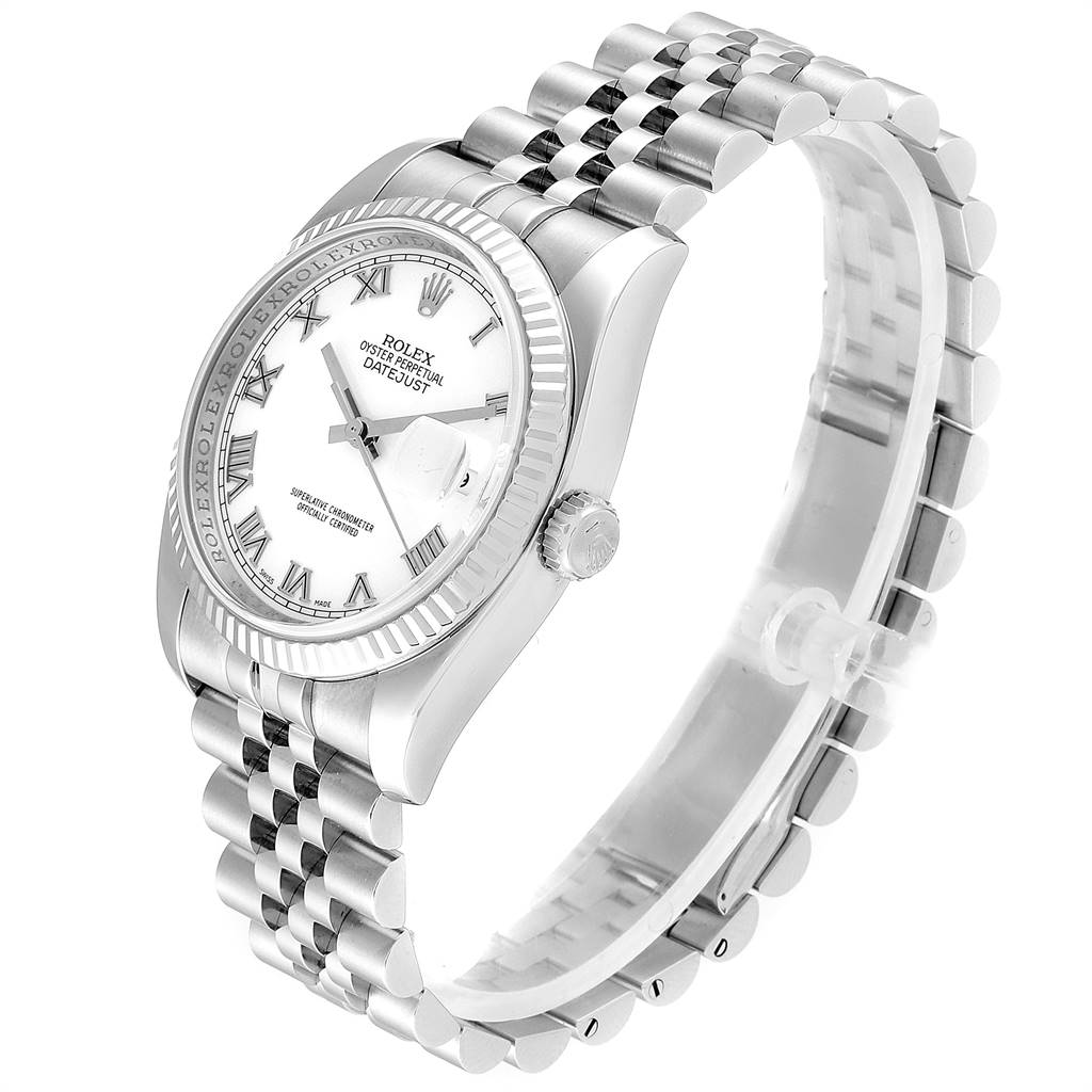 The image shows a Rolex Datejust 116234 Men's Stainless Steel White Dial 116234 Men's Stainless Steel White Dial watch at an angle highlighting the face, bezel, crown, and bracelet.