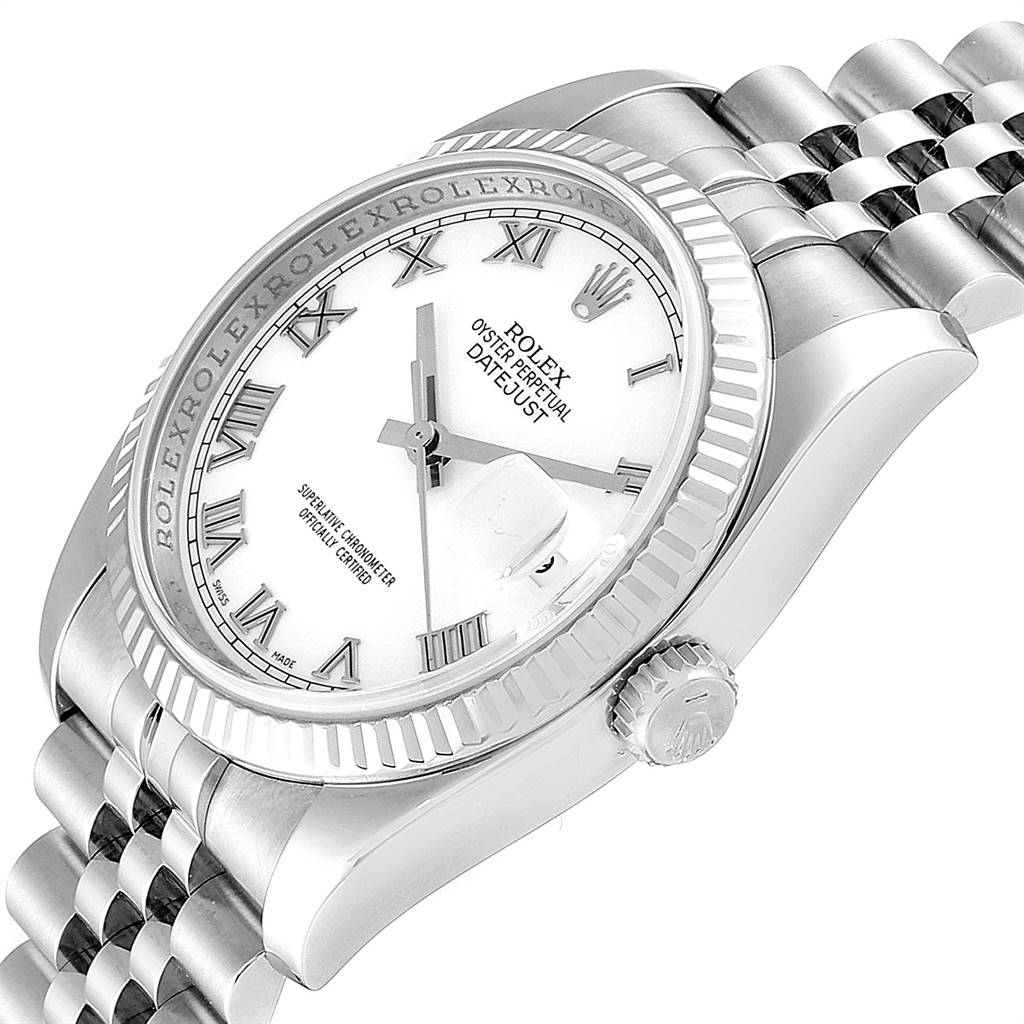 The image shows a side angle of the Rolex Datejust 116234 Men's Stainless Steel White Dial 116234 Men's Stainless Steel White Dial, highlighting its face, fluted bezel, crown, and bracelet.