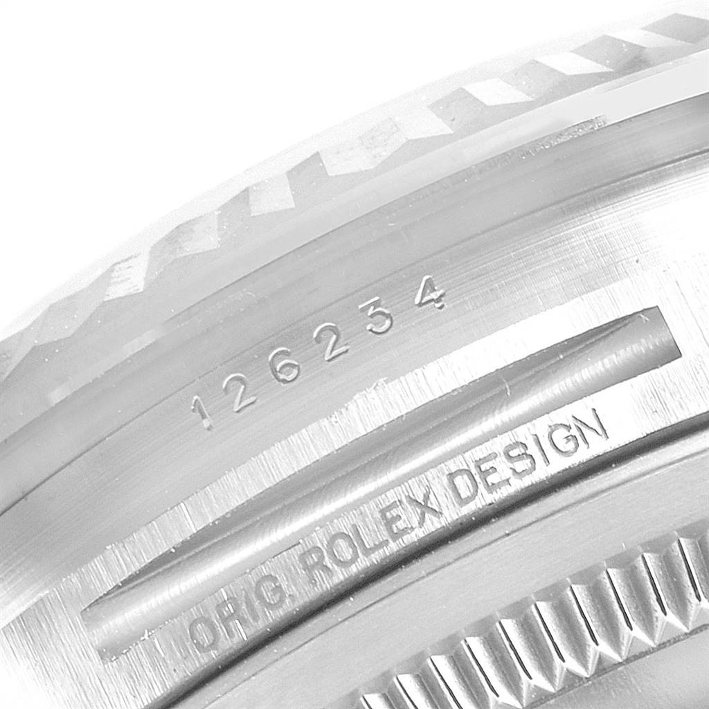 This close-up image shows the model number and “ROLEX DESIGN” engraving on the case back of a Rolex Datejust 126234 Men's Stainless Steel Silver Dial 126234 Men's Stainless Steel Silver Dial watch.