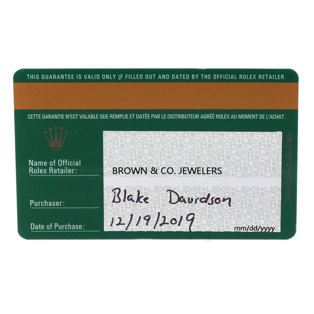 This image shows a guarantee card from Rolex for the Datejust model, featuring official retailer, purchaser, and date of purchase information.