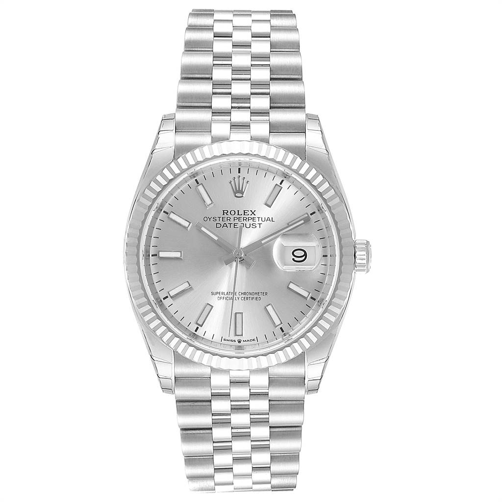 The Rolex Datejust 126234 Men's Stainless Steel Silver Dial 126234 Men's Stainless Steel Silver Dial watch is shown from the front angle, clearly displaying the dial, bezel, and bracelet.