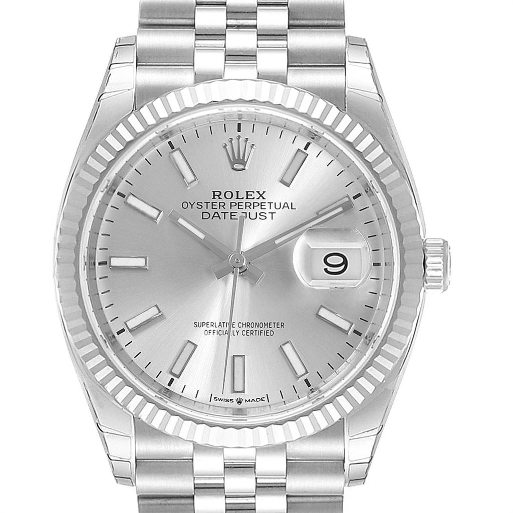 The image shows a frontal view of a Rolex Datejust 126234 Men's Stainless Steel Silver Dial 126234 Men's Stainless Steel Silver Dial watch, displaying its dial, hands, date window, and part of the bracelet.