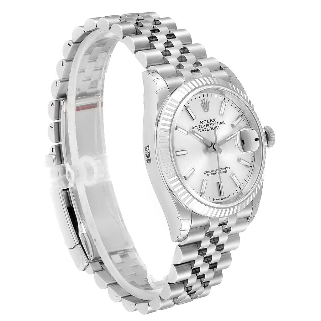 The Rolex Datejust 126234 Men's Stainless Steel Silver Dial 126234 Men's Stainless Steel Silver Dial watch is shown at a three-quarter angle, highlighting the dial, bezel, crown, and bracelet.