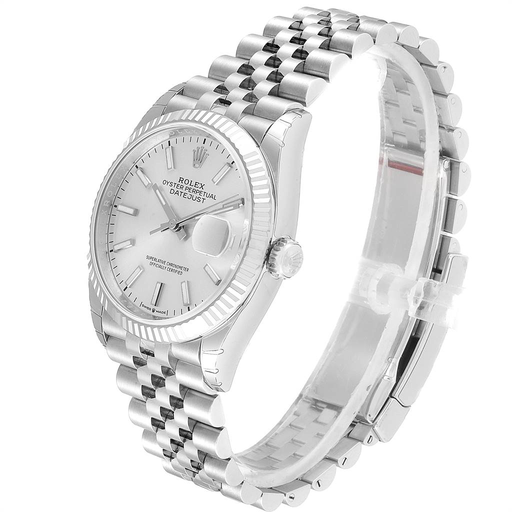 The Rolex Datejust 126234 Men's Stainless Steel Silver Dial 126234 Men's Stainless Steel Silver Dial watch is shown at a three-quarter angle, highlighting its dial, bezel, bracelet, and crown.