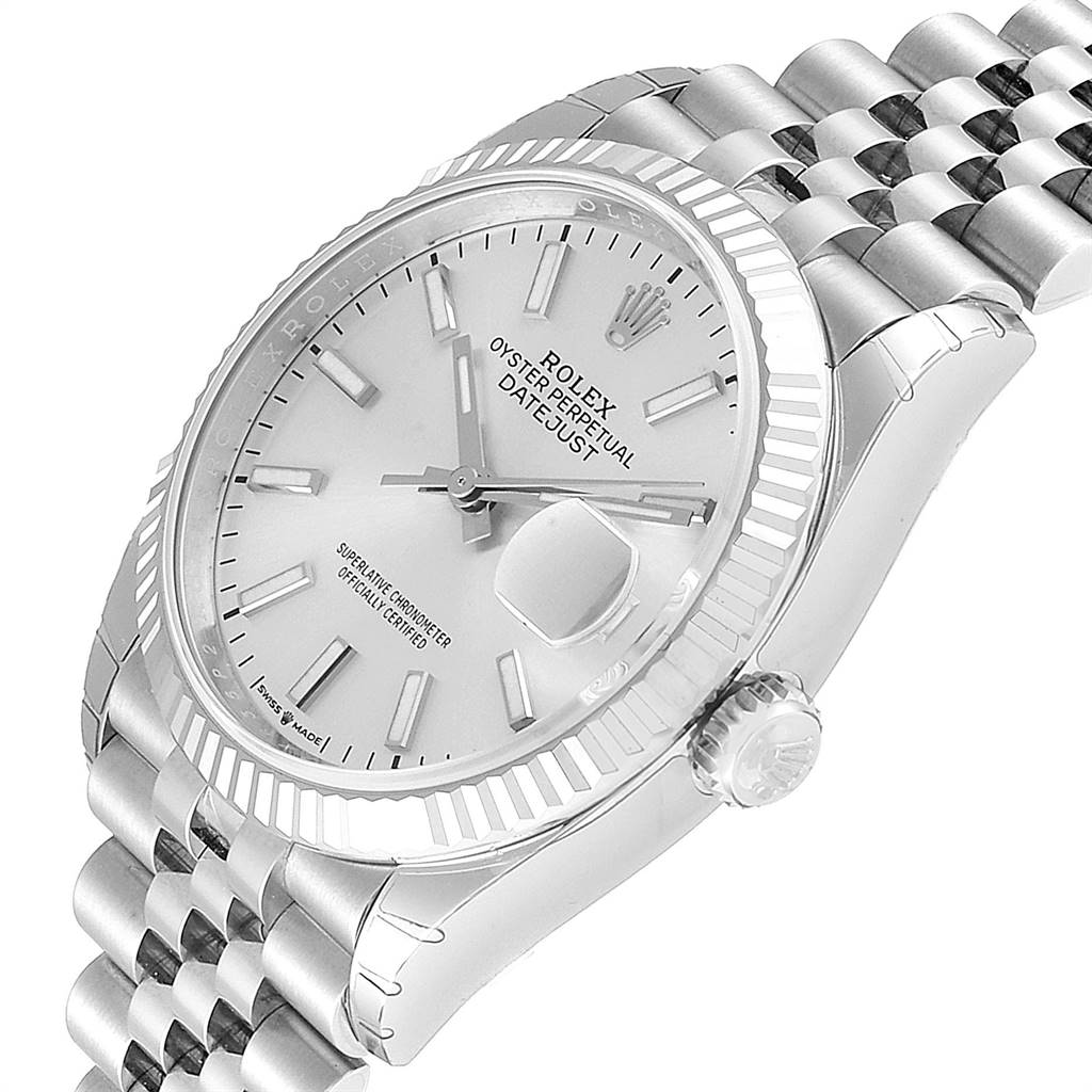 The image shows a side view of the Rolex Datejust 126234 Men's Stainless Steel Silver Dial 126234 Men's Stainless Steel Silver Dial watch highlighting the dial, bezel, crown, and bracelet.