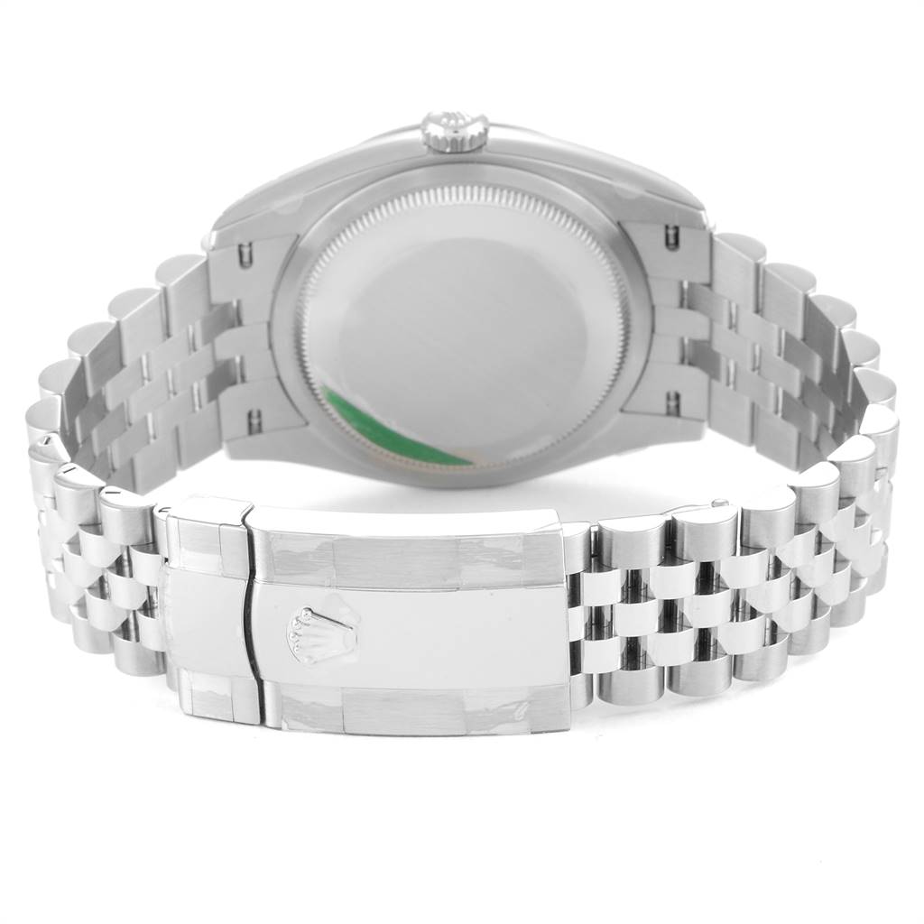 The image shows the backside of a Rolex Datejust 126234 Men's Stainless Steel Silver Dial 126234 Men's Stainless Steel Silver Dial watch, highlighting its case back, Jubilee bracelet, and clasp.