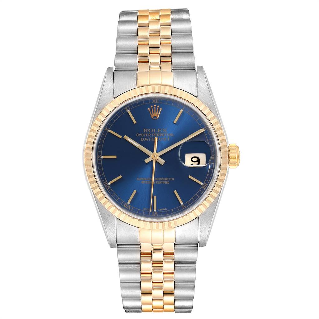 This image shows a front view of a Rolex Datejust 16233 Men's Steel and Gold (two tone) Blue Dial 16233 Men's Steel and Gold (two tone) Blue Dial watch featuring a two-tone bracelet, a blue dial, and a fluted bezel.