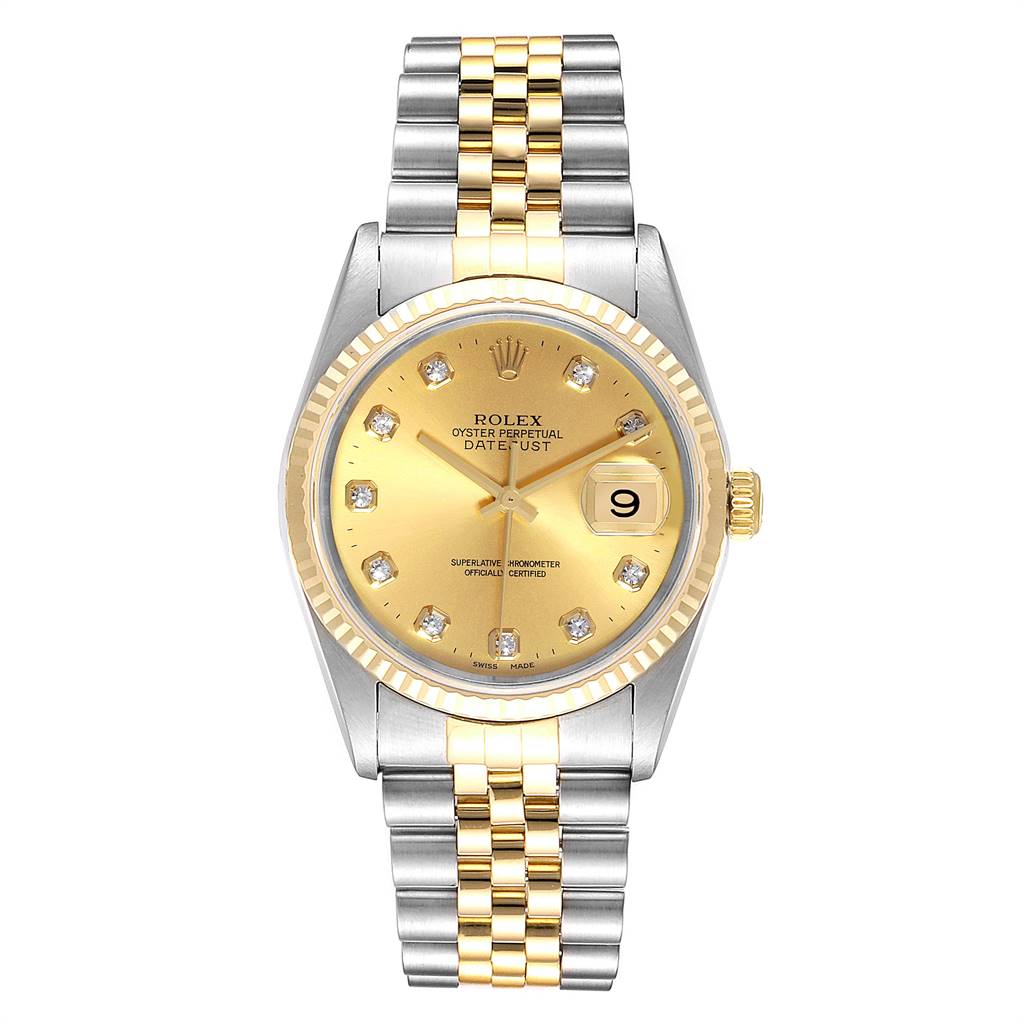 The image shows a Rolex Datejust 16233 Men
s Steel and Gold (two tone) Champagne Dial 16233 Men
s Steel and Gold (two tone) Champagne Dial watch from a front view, highlighting its gold and silver two-tone bracelet and diamond-accented dial.